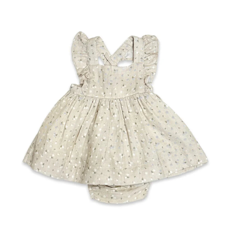 Viverano Organics Ditsy Floral Ruffle Cross Back Flare Baby Dress & Bloomer Light Tan