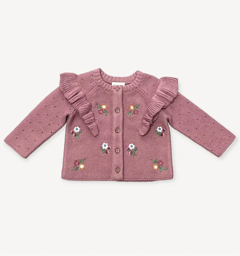 Viverano Floral Embroidered Chunky Knit Cardigan Vintage Rose