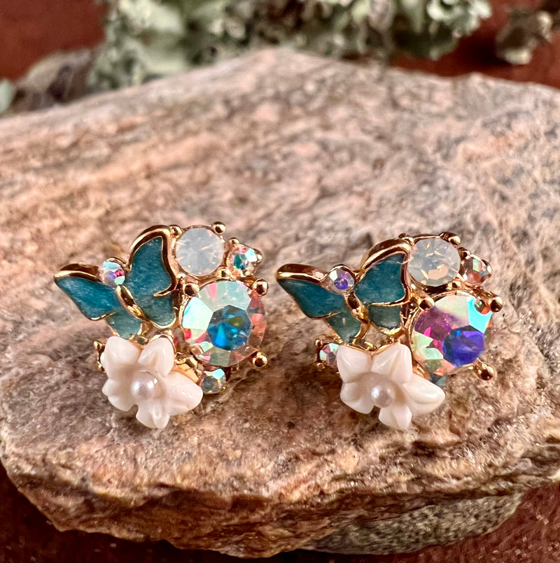 Butterfly and Flower Cluster Earrings