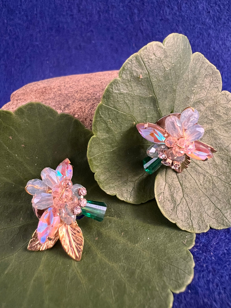 Crystal Floral Earrings with gold leaf and Green Stem