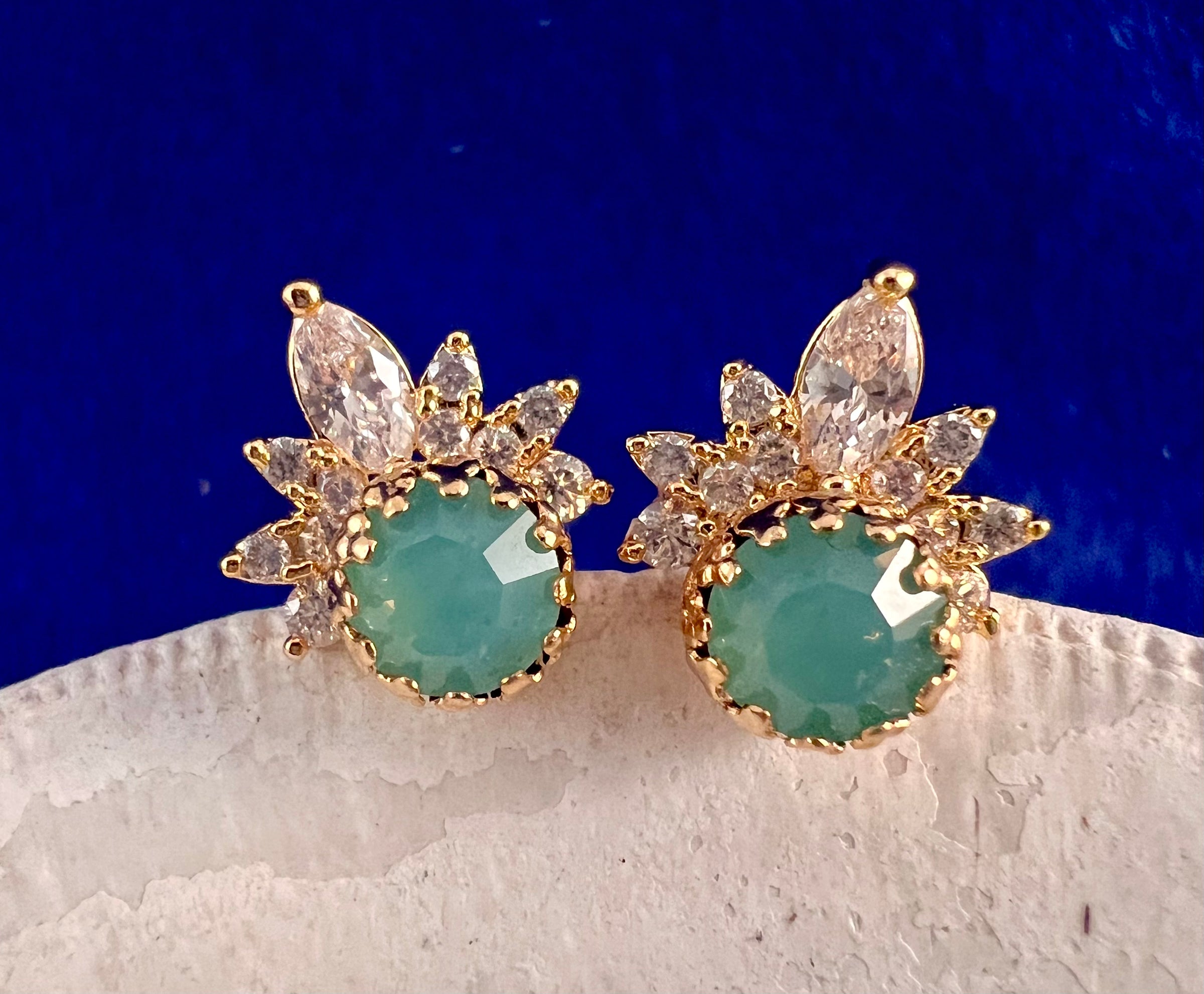 Crystal Crown Earrings with Green Center