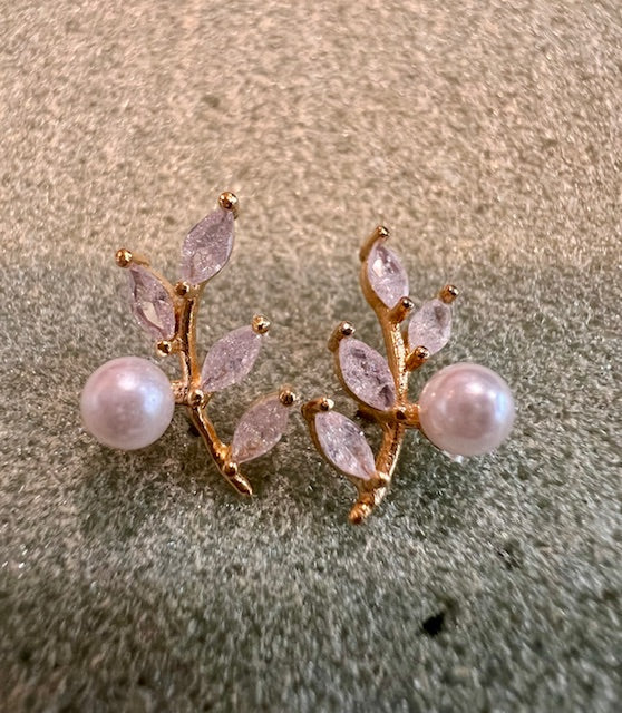 Crystal Leaves and Pearl Earrings