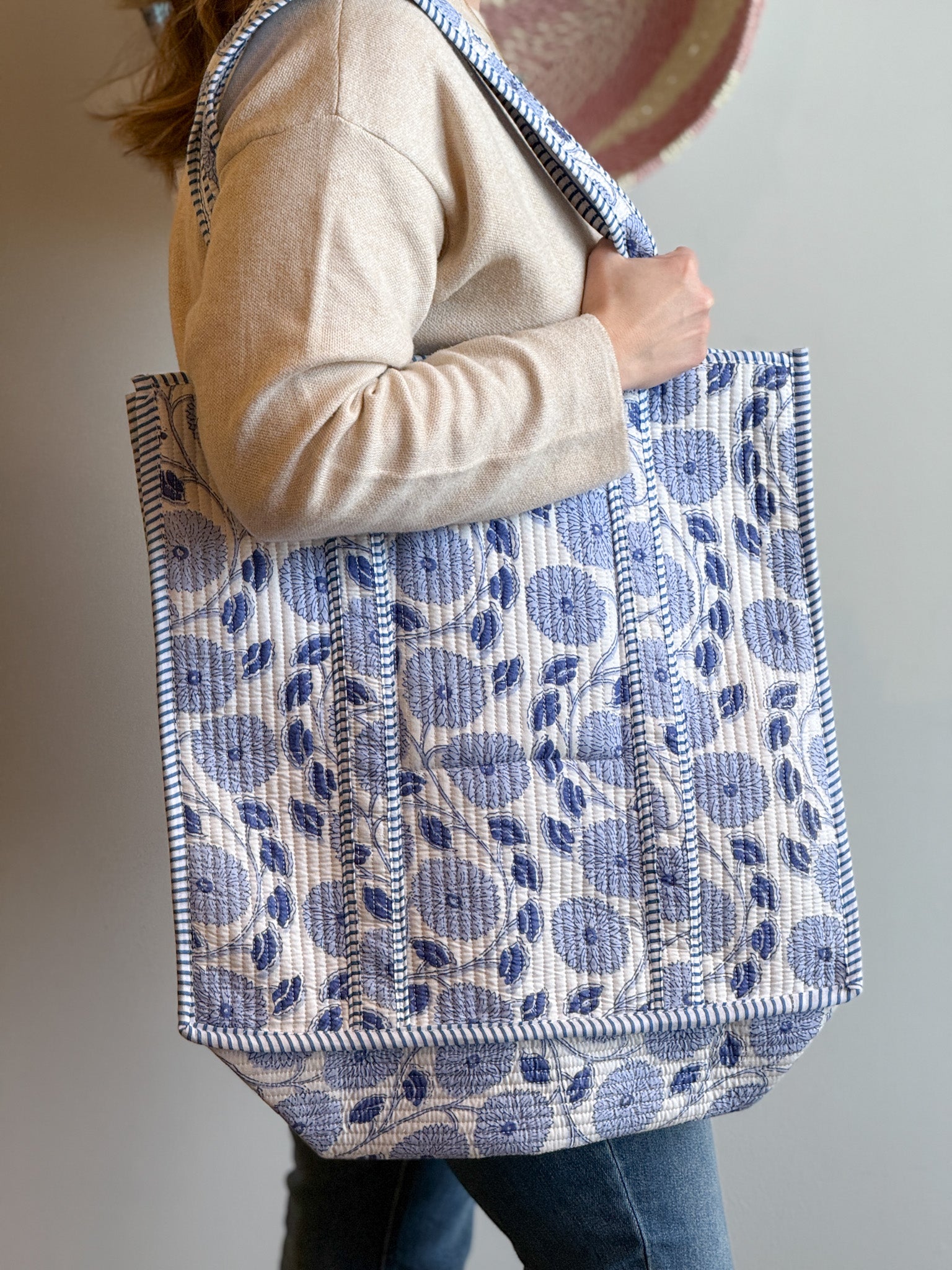 Extra Large Blue & White Quilted Tote