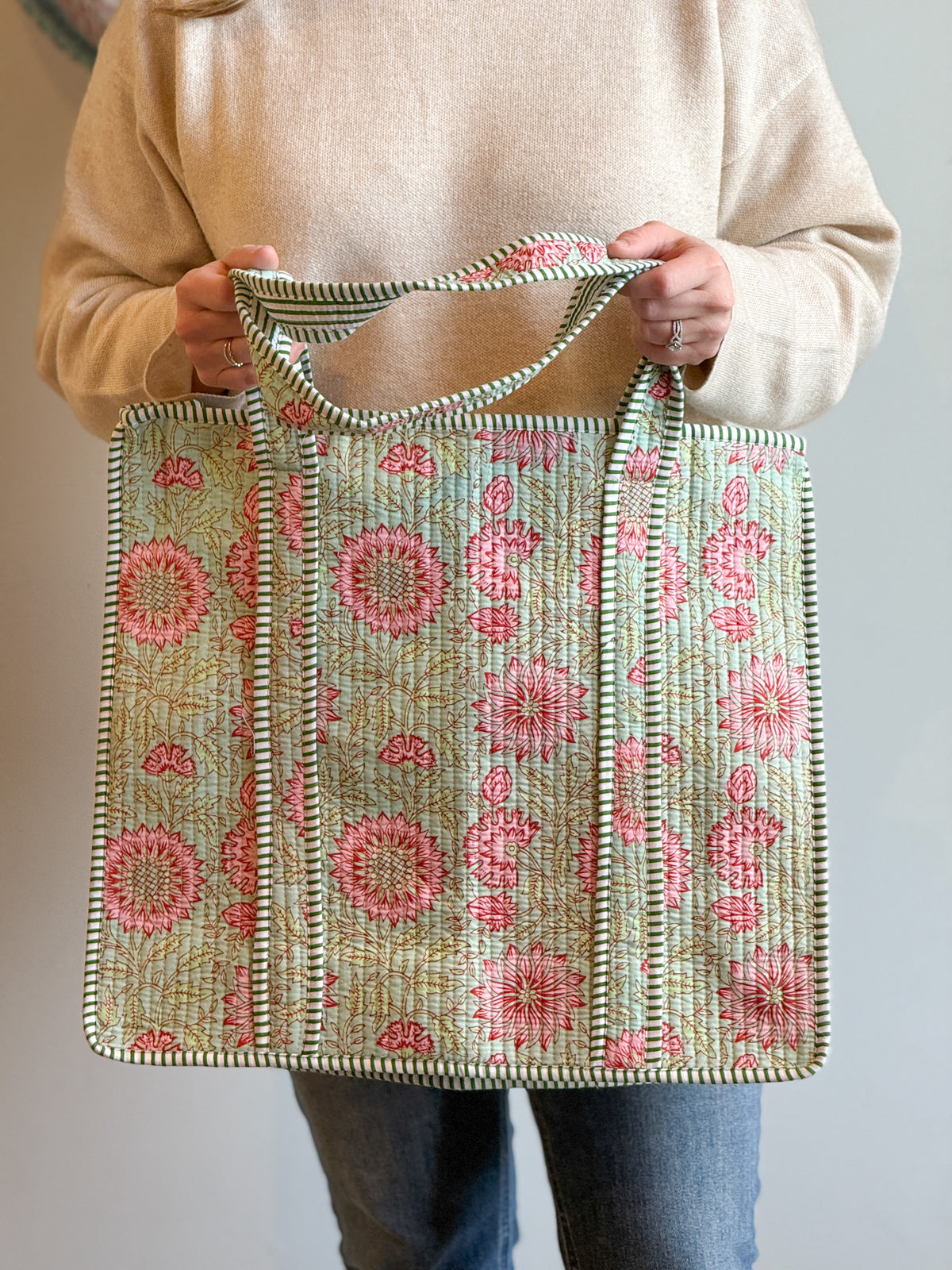 Large Green and Pink Quilted Tote