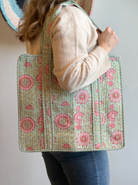 Large Green and Pink Quilted Tote