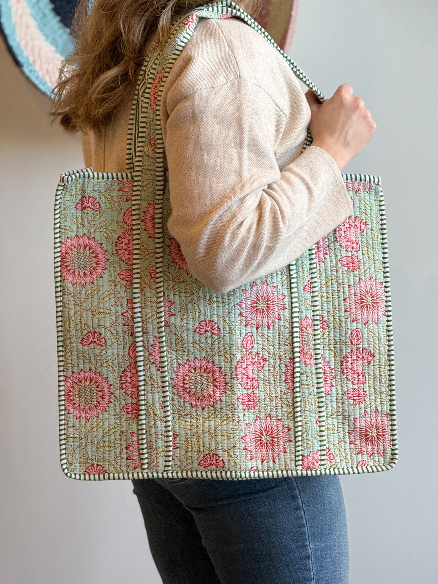 Large Green and Pink Quilted Tote