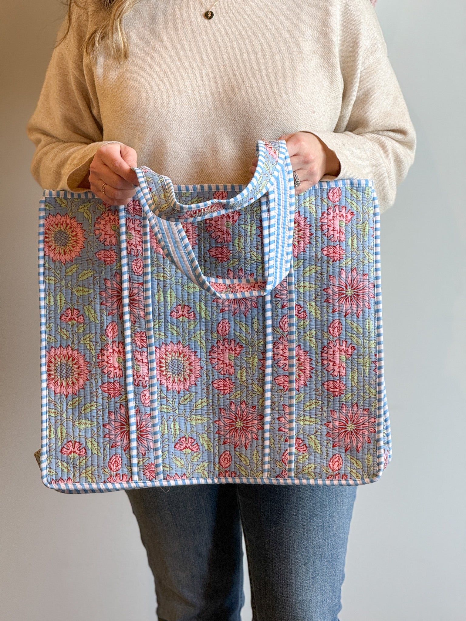 Large Blue & Pink Floral Tote
