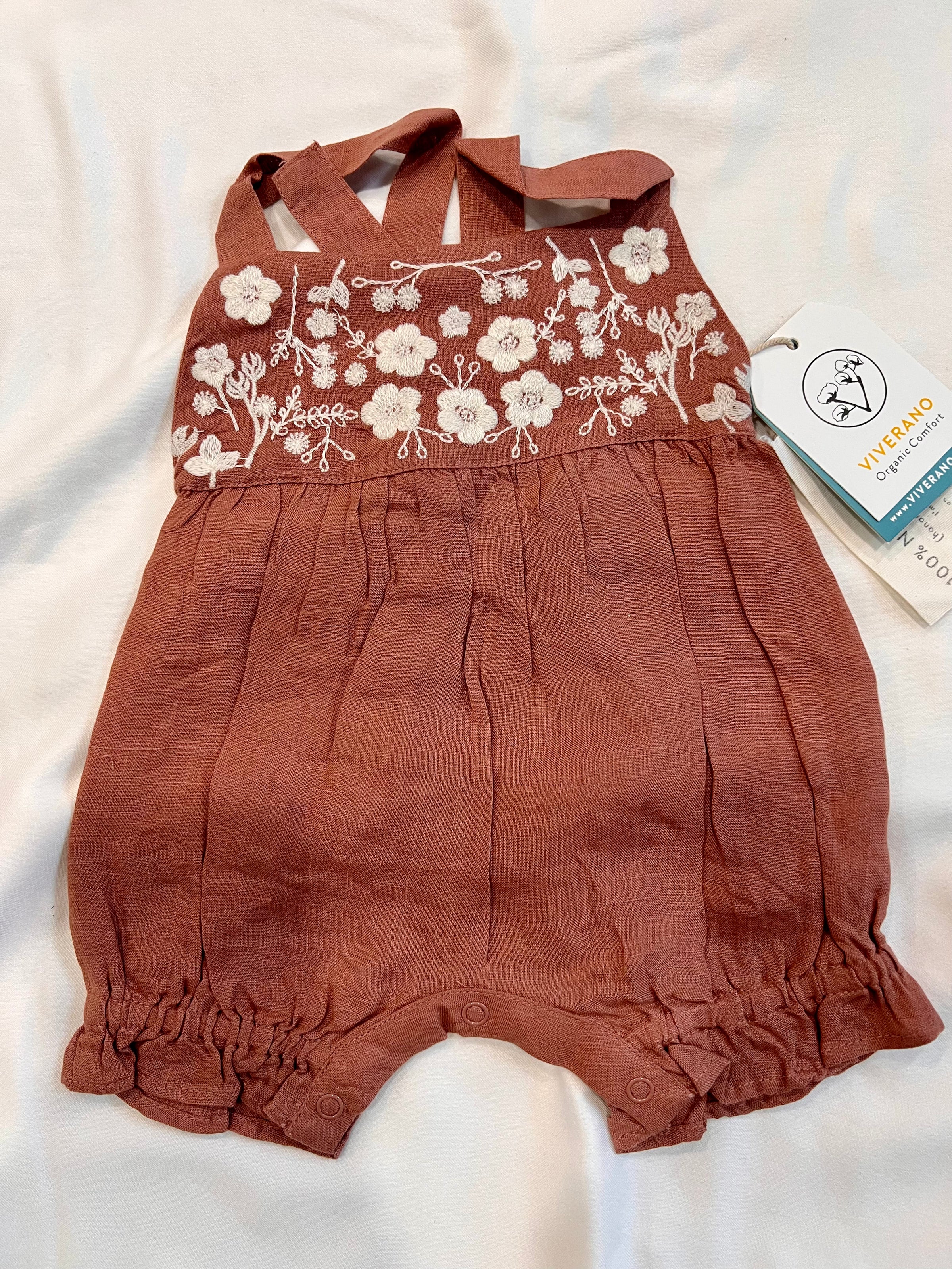 Leonie Linen Embroidered Bubble Baby Romper Terracotta Linen