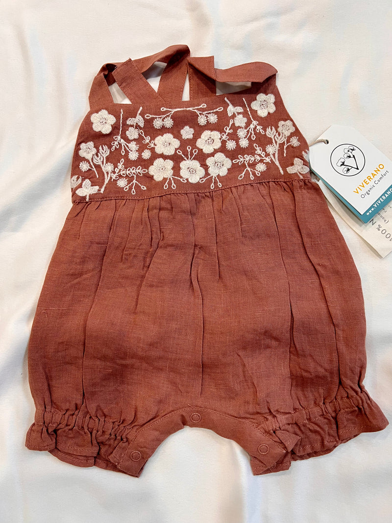 Leonie Linen Embroidered Bubble Baby Romper Terracotta Linen