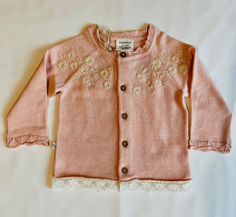 Viverano Organics Floral Embroidered Cardigan with Lace Trim Blush Pink