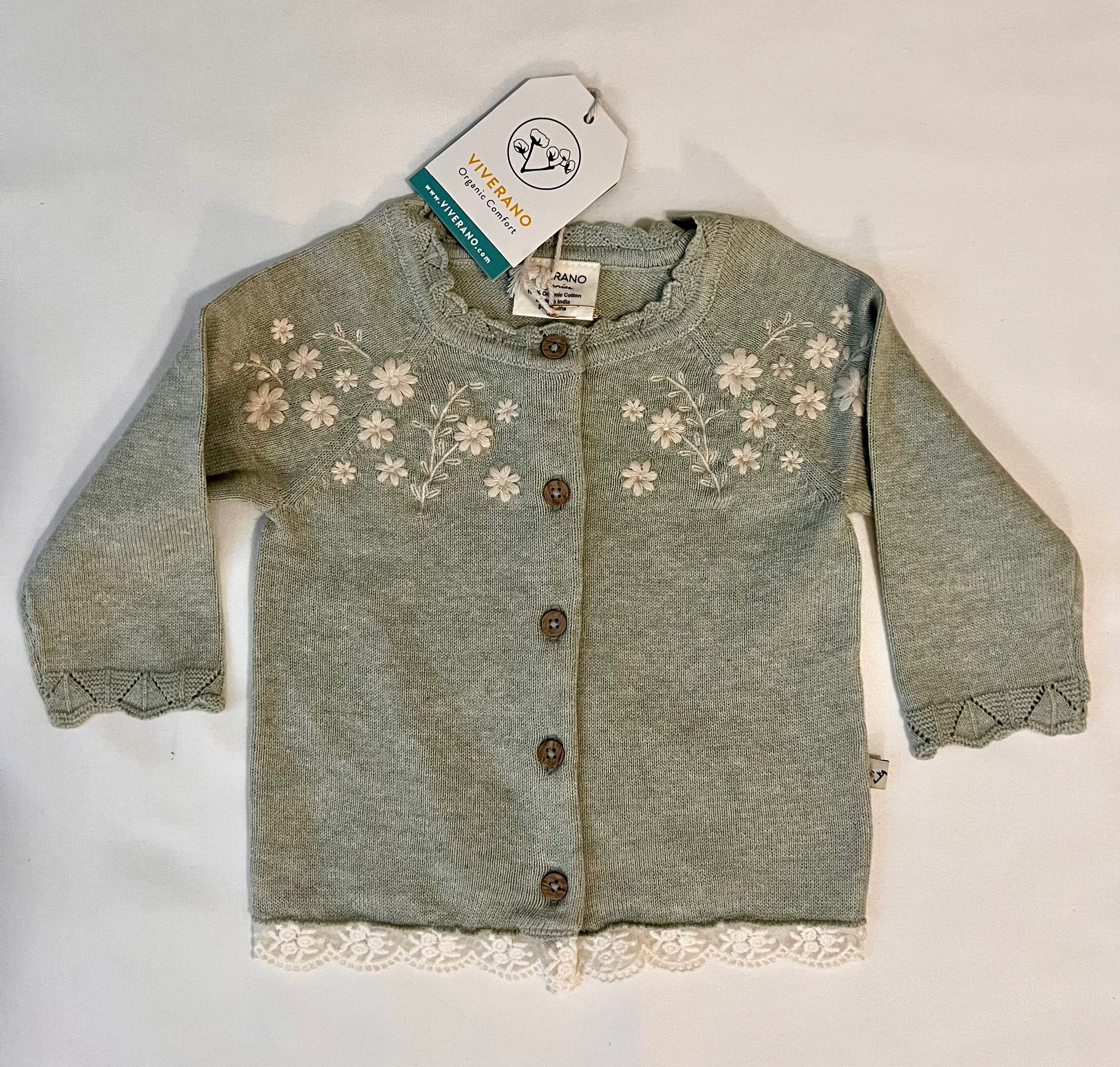Viverano Organics Floral Embroidered Cardigan with Lace Trim Sage Heather