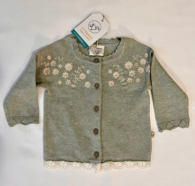 Viverano Organics Floral Embroidered Cardigan with Lace Trim Sage Heather