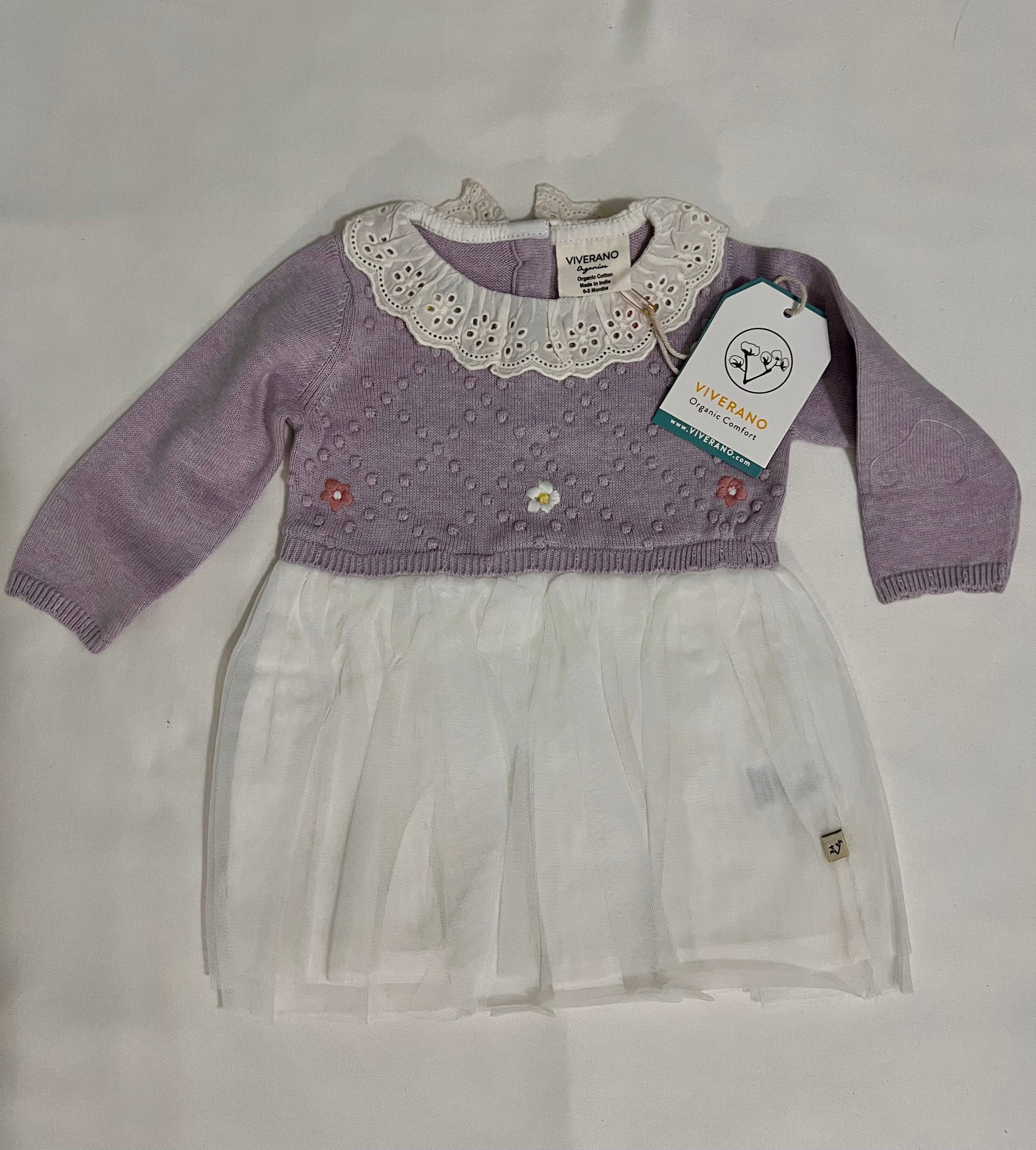 Viverano Organics Floral Embroidered Knit Baby Tutu Dress Lilac Heather