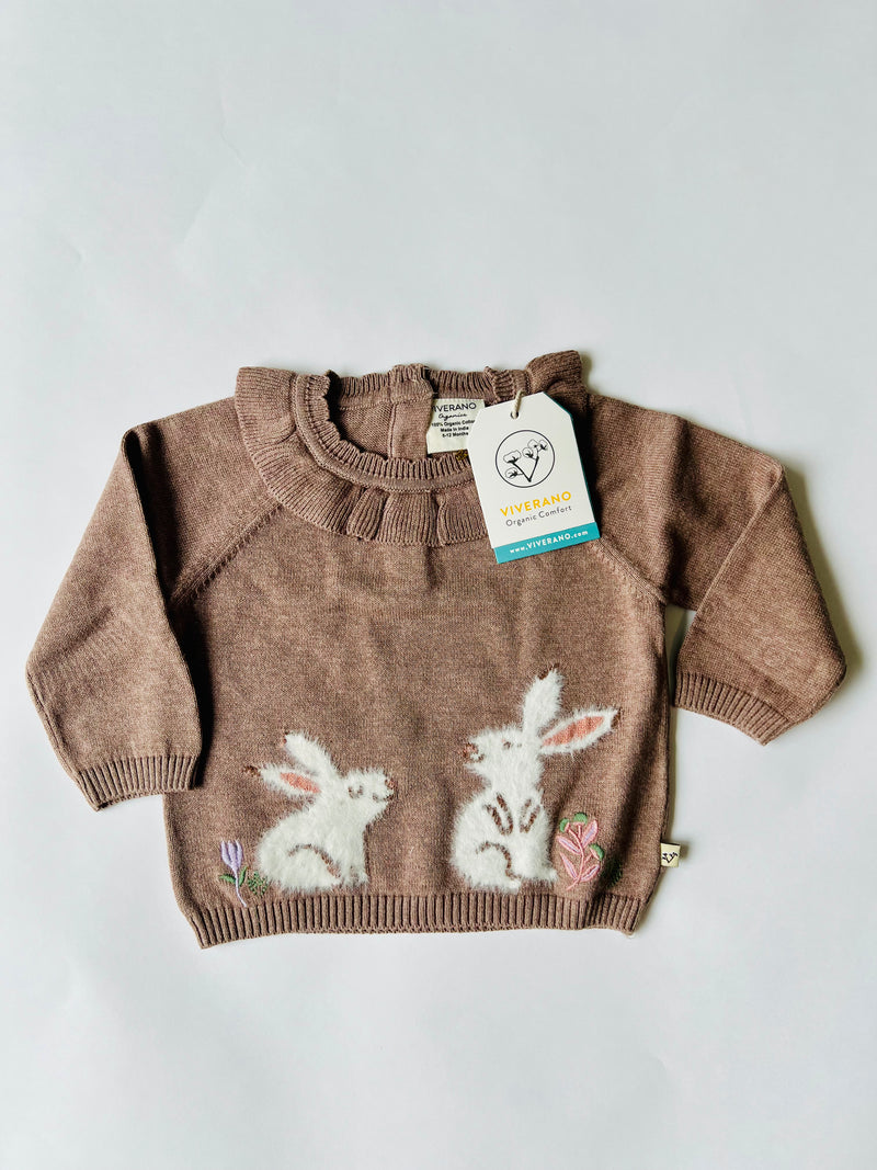 Viverano Organics Furry Bunny  Ruffle Collar Knit Pullover Cafe Latte