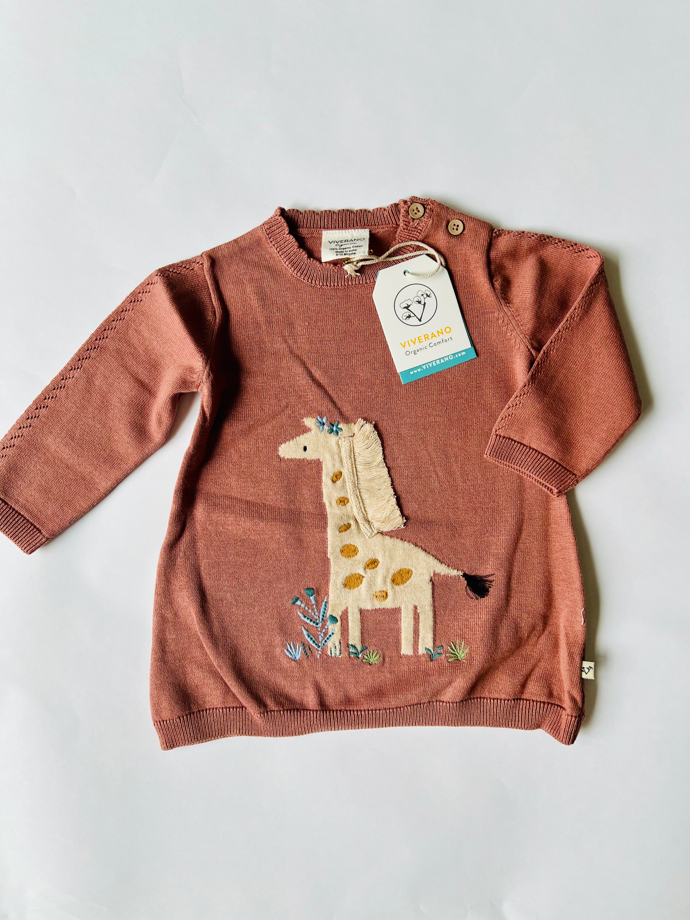 Viverano Giraffe Embroidered Pointelle Knit Dress Apple Spice