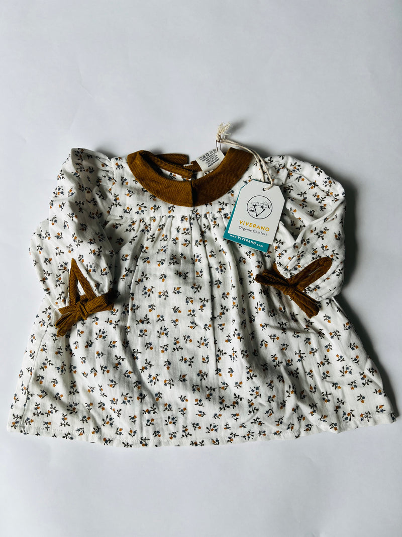 Viverano Organics Brown Collared Floral Cotton Dress with Bloomers