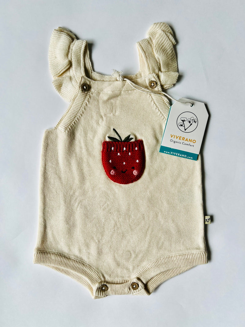 Viverano Organics Strawberry Embroidered Pocket Baby Romper Natural