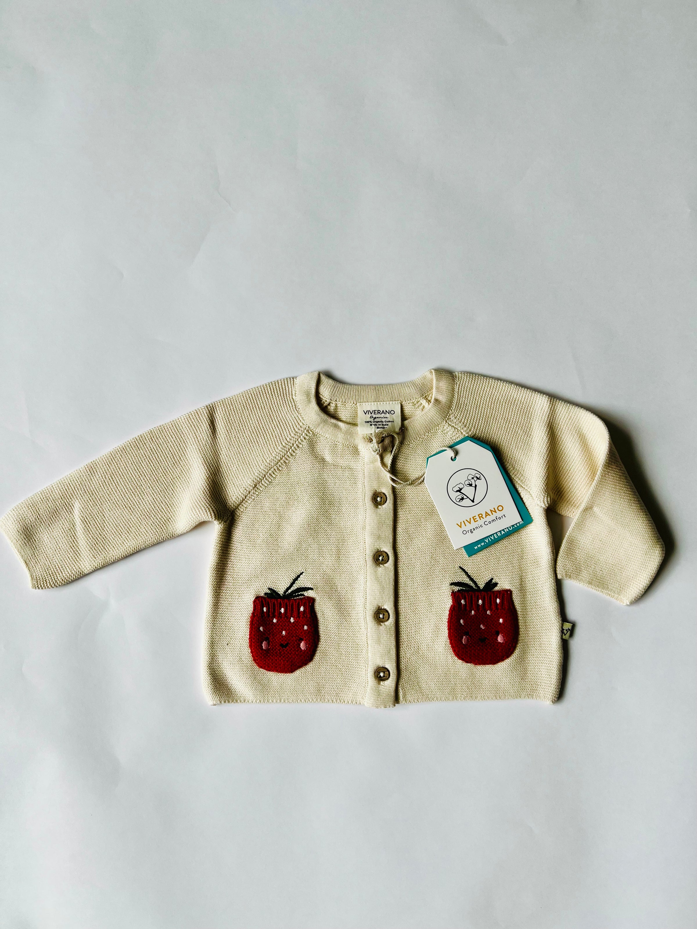 Viverano Organics Strawberry Embroidered Pocket Baby Cardigan Natural