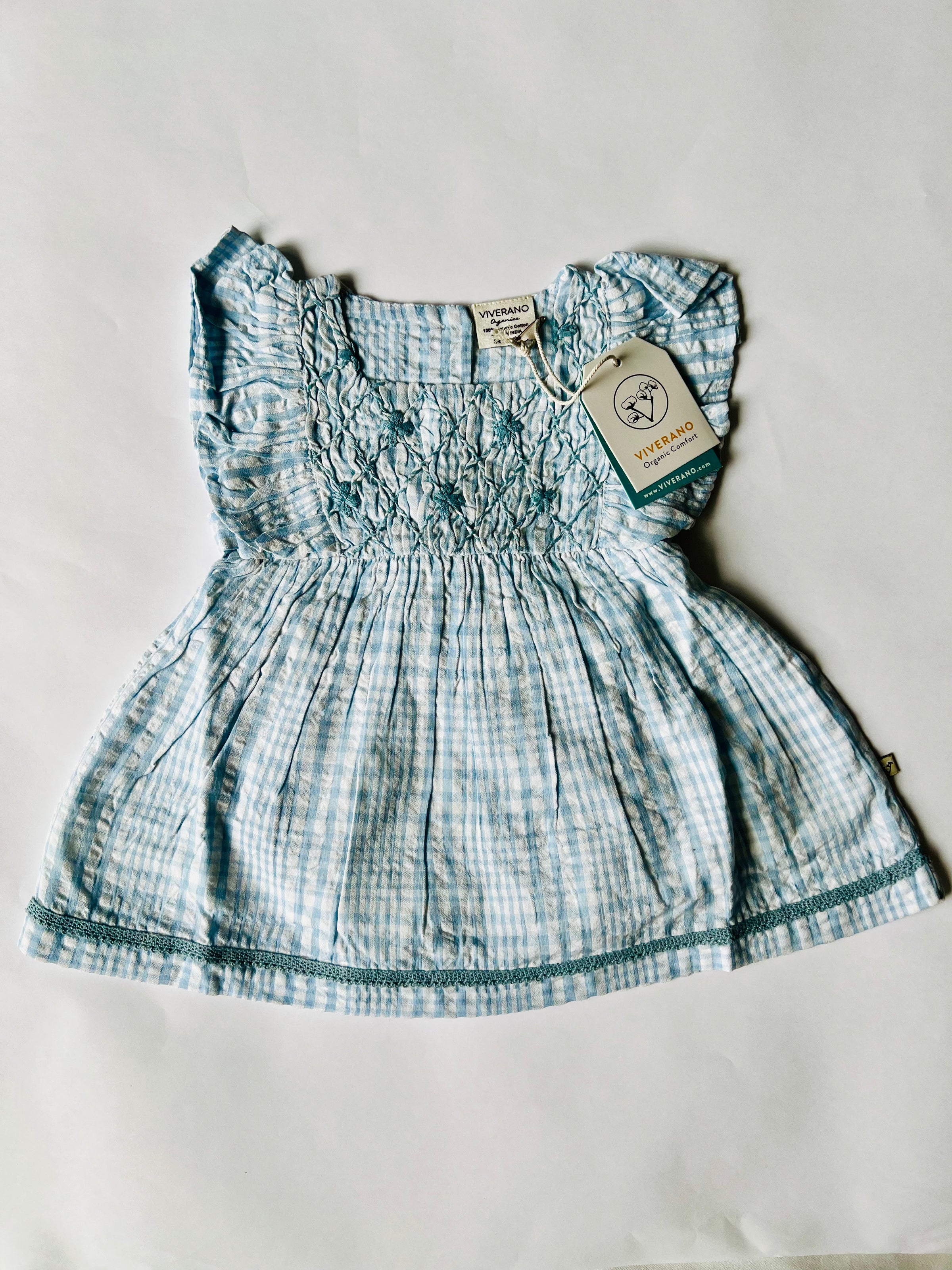 Viverano Organics Anna Hand Smocked Seersucker Baby Dress & Bloomer Baby Blue