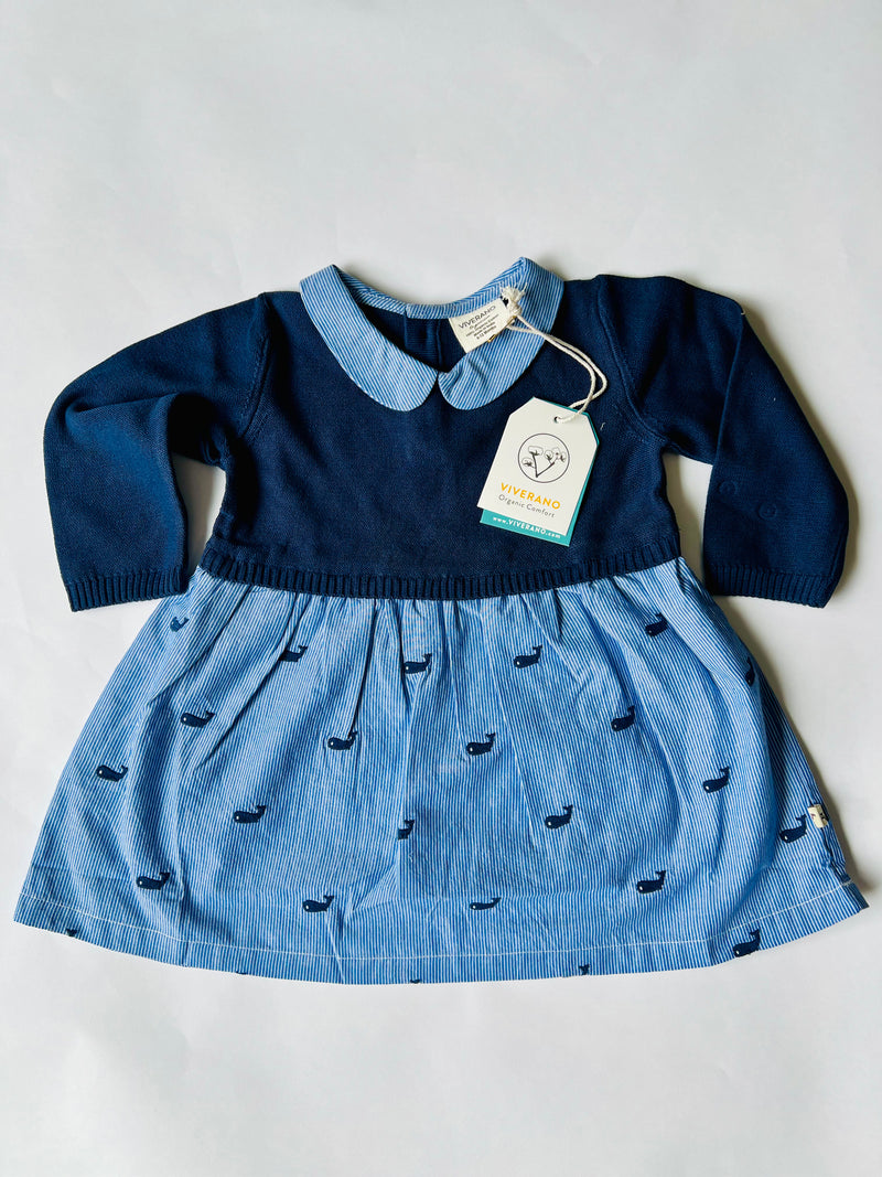 Viverano Organics Whale Embroidered Pinstripe Baby Sweater Knit Dress