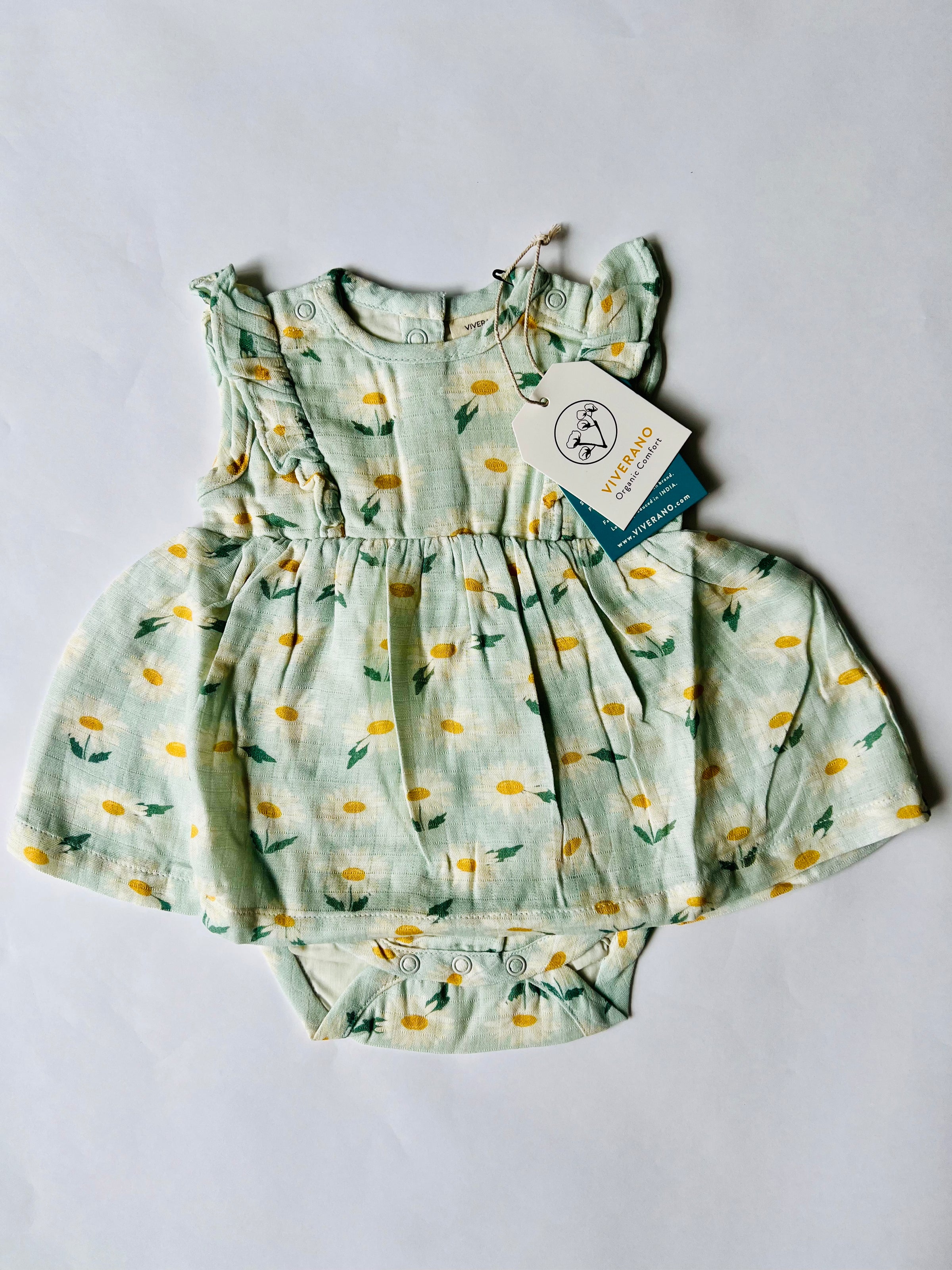 Viverano Organics Daisies. Ruffle Flare Baby Dress with Bodysuit Pastel Green