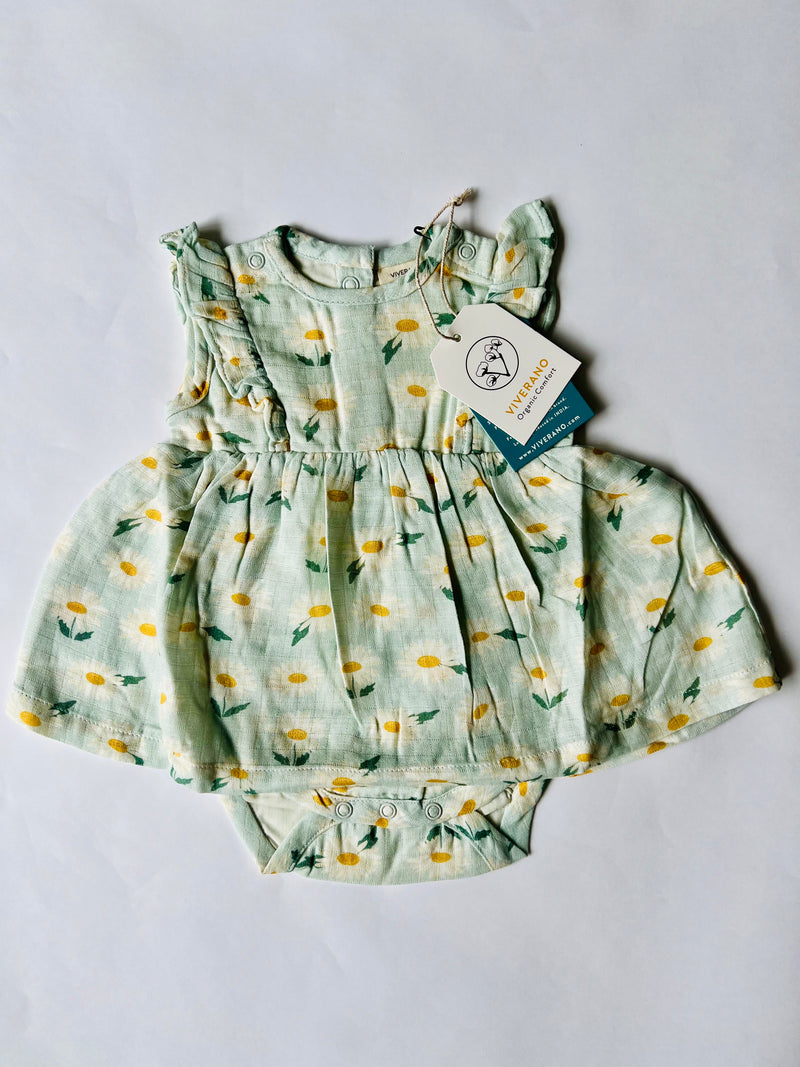 Viverano Organics Daisies. Ruffle Flare Baby Dress with Bodysuit Pastel Green