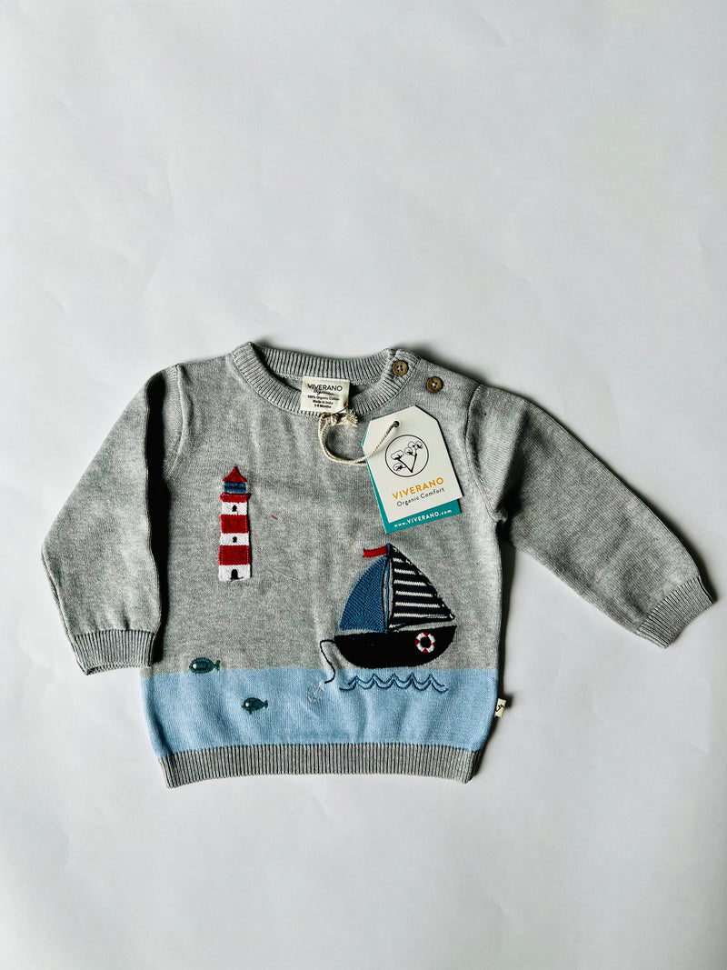 Viverano Organics Lighthouse & Boat Embroidered Baby Knit Pullover