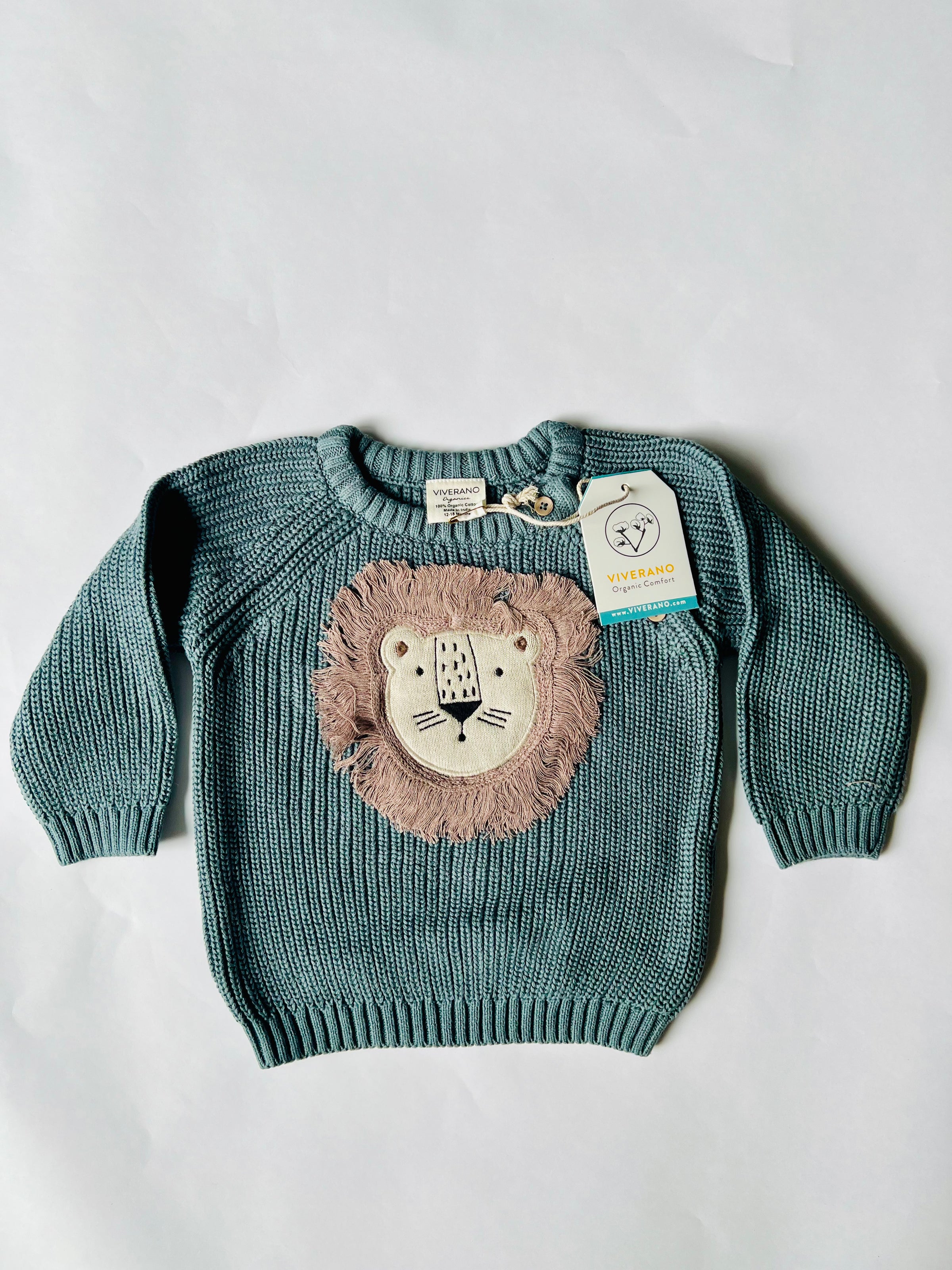 Viverano Organics Lion Applique Chunky Knit Pullover Teal Blue
