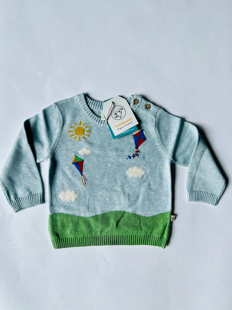 Viverano Organics Clouds & Kite Jacquard Knit Baby Jumpsuit Sky Blue Heather
