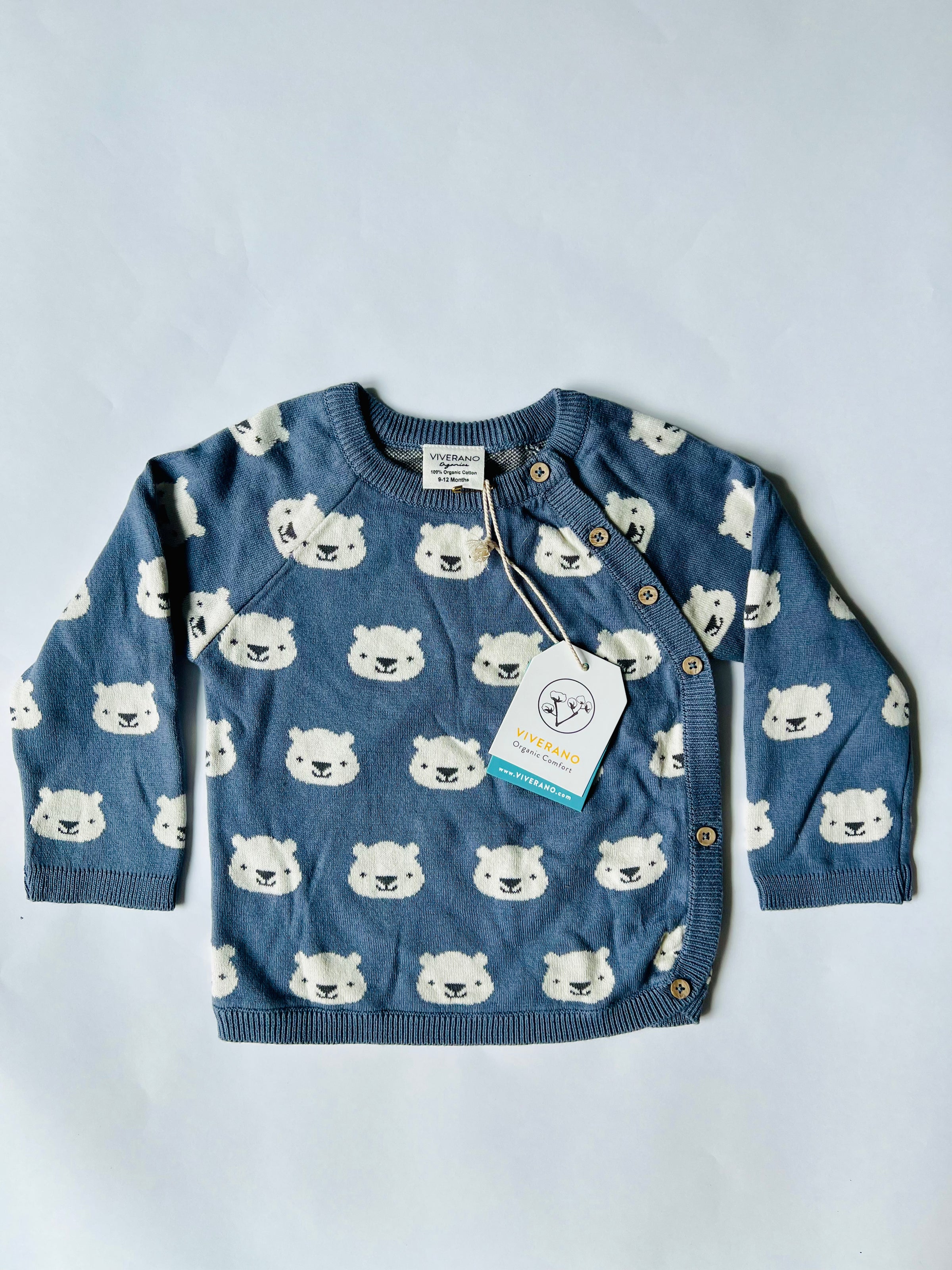 Viverano Organics Bear Jacquard Knit Sweater Dusty Blue