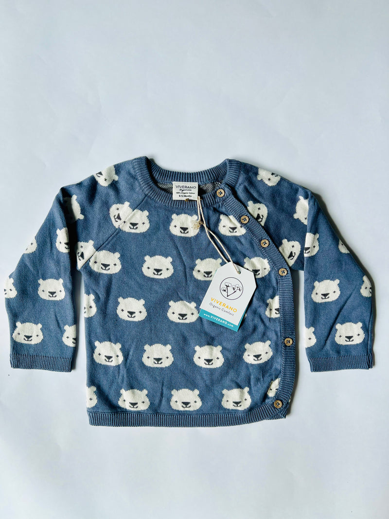 Viverano Organics Bear Jacquard Knit Sweater Dusty Blue