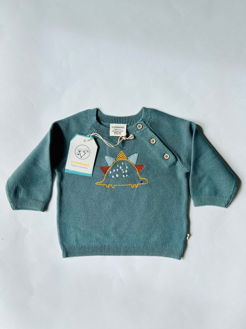 Viverano Organics Dino Embroidered Sweater Knit Pullover Teal Blue