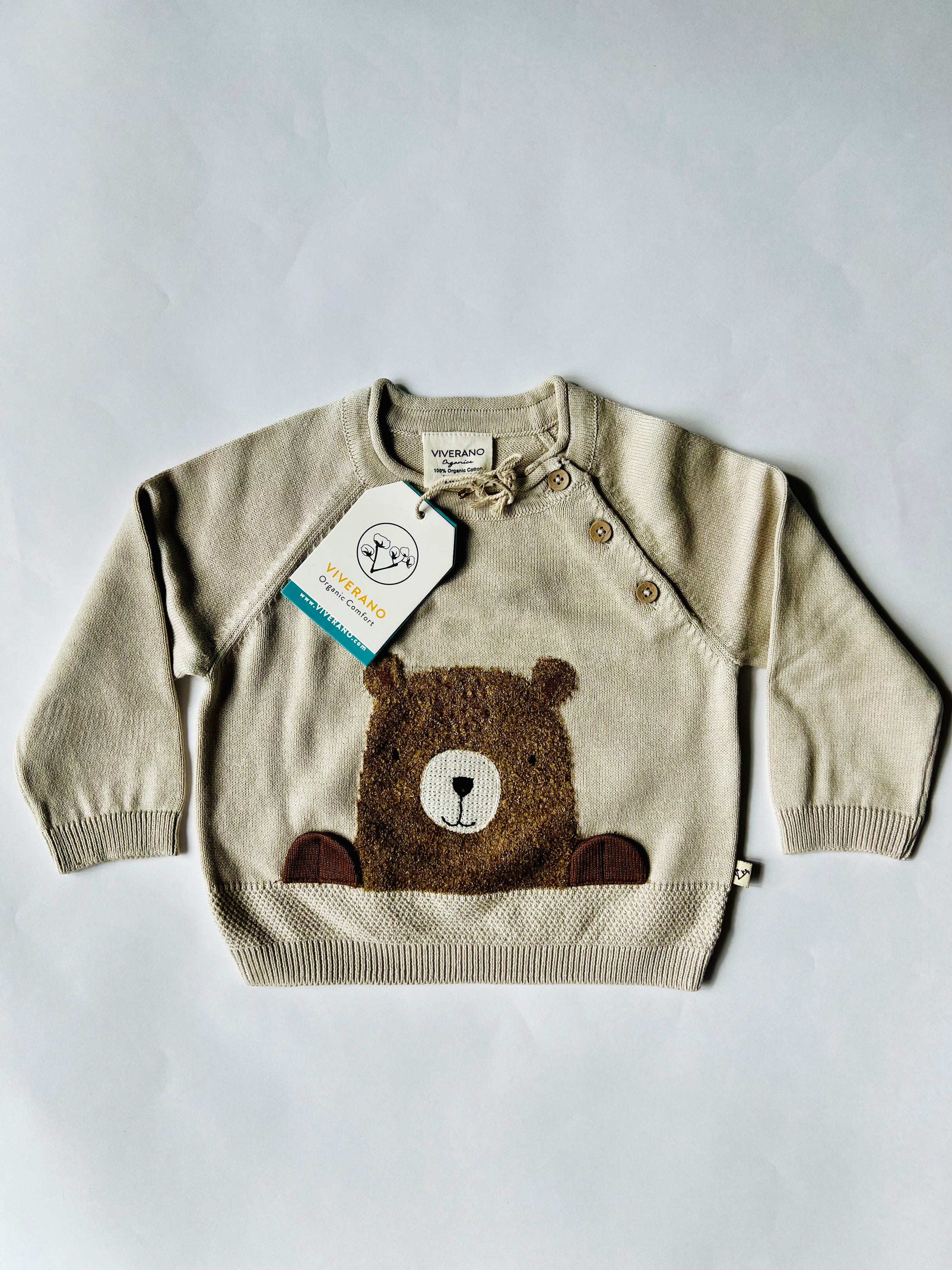 Viverano Organics Furry Bear Jacquard Knit Pullover Stone