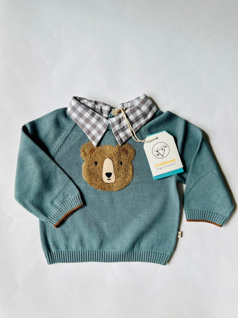 Viverano Organics Furry Bear & Check Collar Pullover Teal Blue