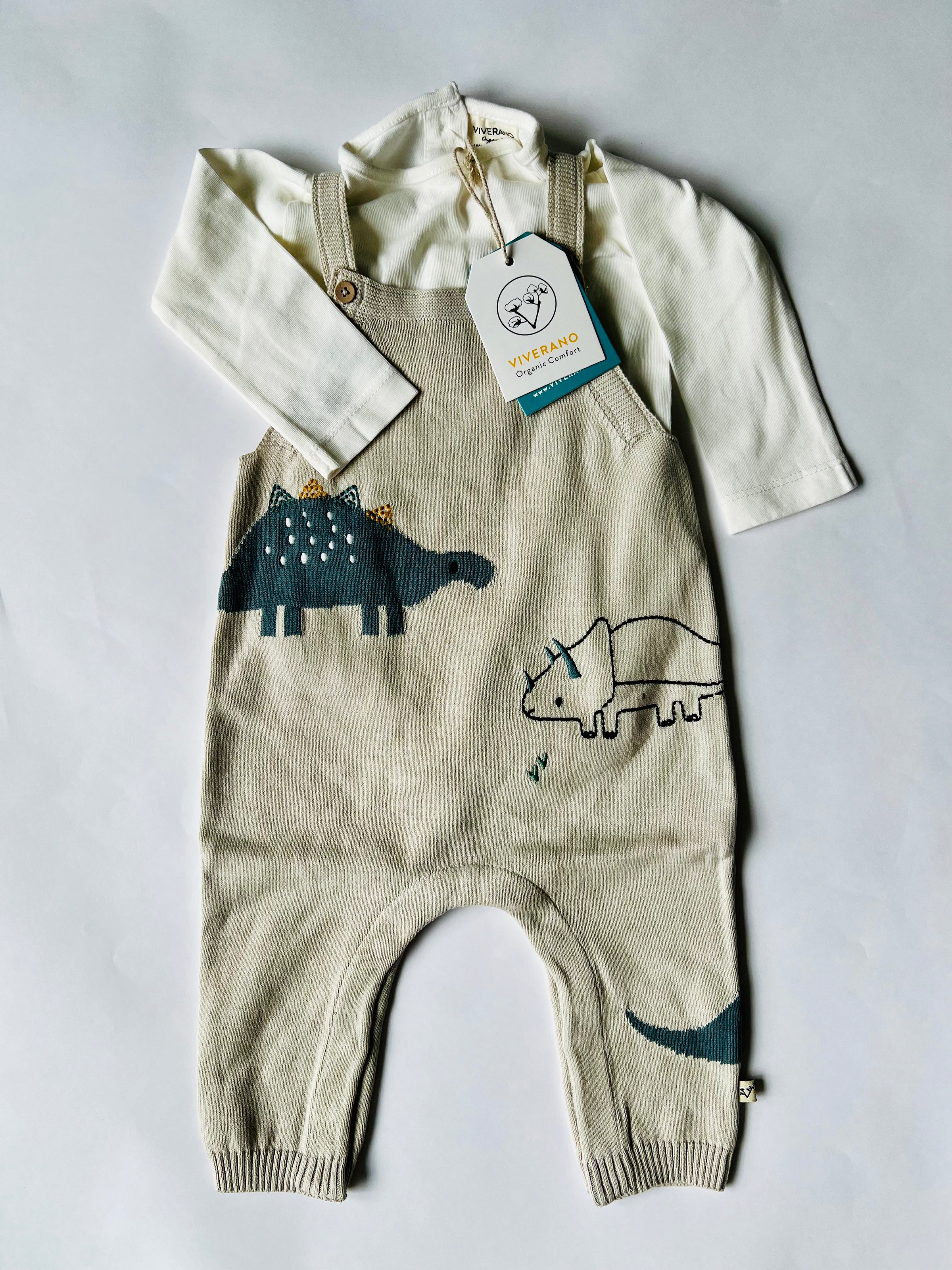 Viverano Organics Dino Jacquard Knit Overall Set Stone