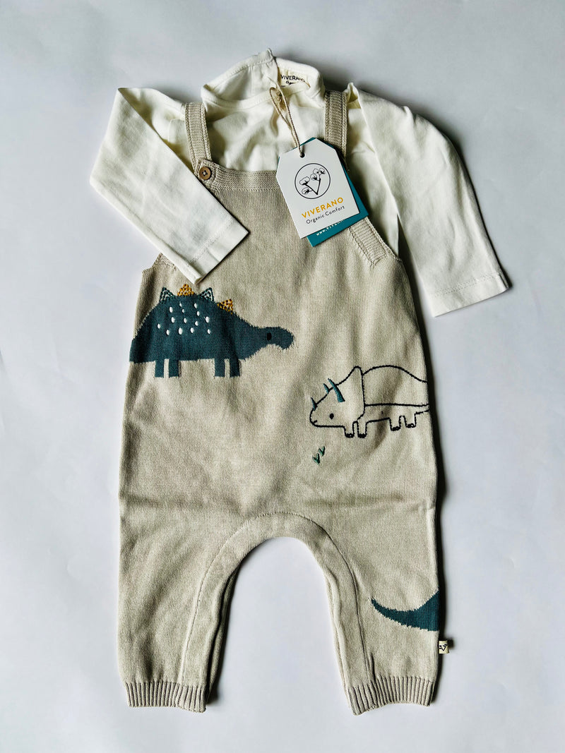 Viverano Organics Dino Jacquard Knit Overall Set Stone