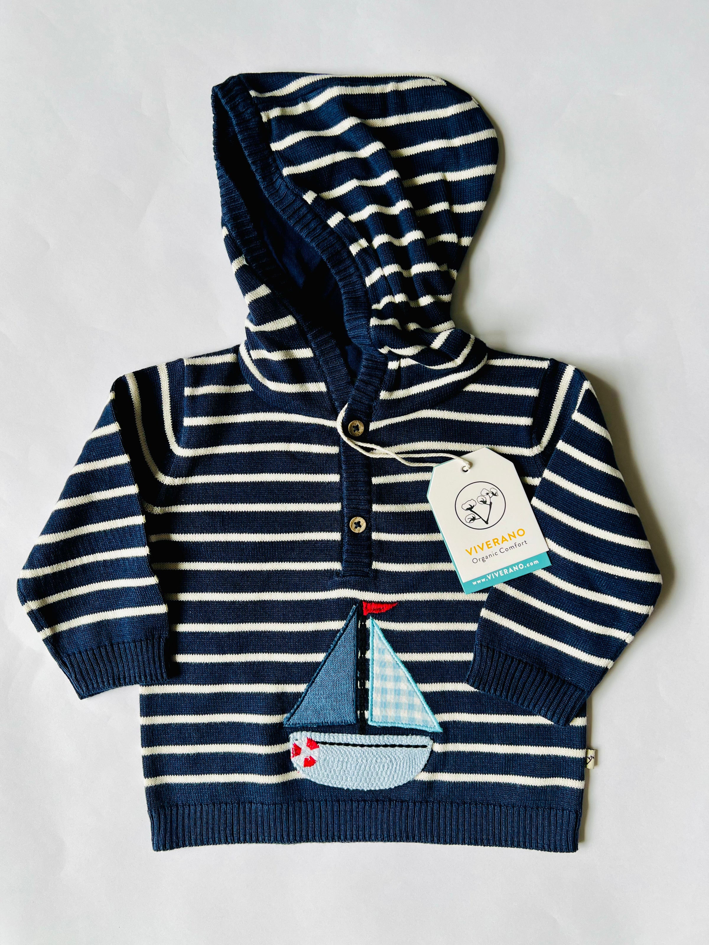 Viverano Organics Boat Applique Hooded Baby Knit Pullover