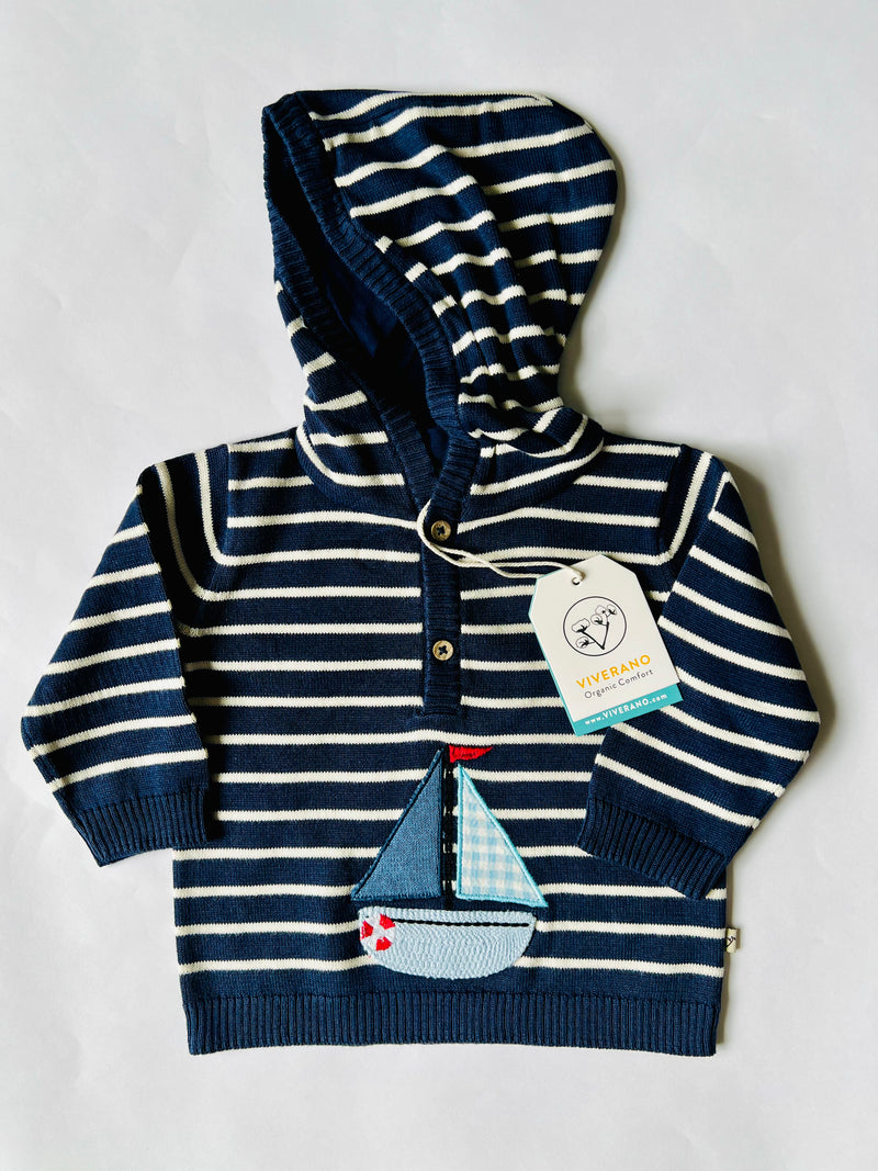 Viverano Organics Boat Applique Hooded Baby Knit Pullover