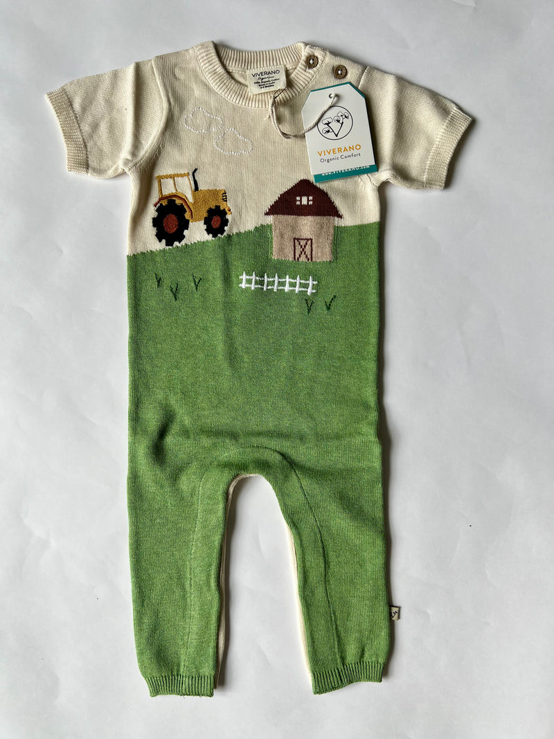 Viverano Organics Farm Jacquard Knit Baby Jumpsuit Natural/Green
