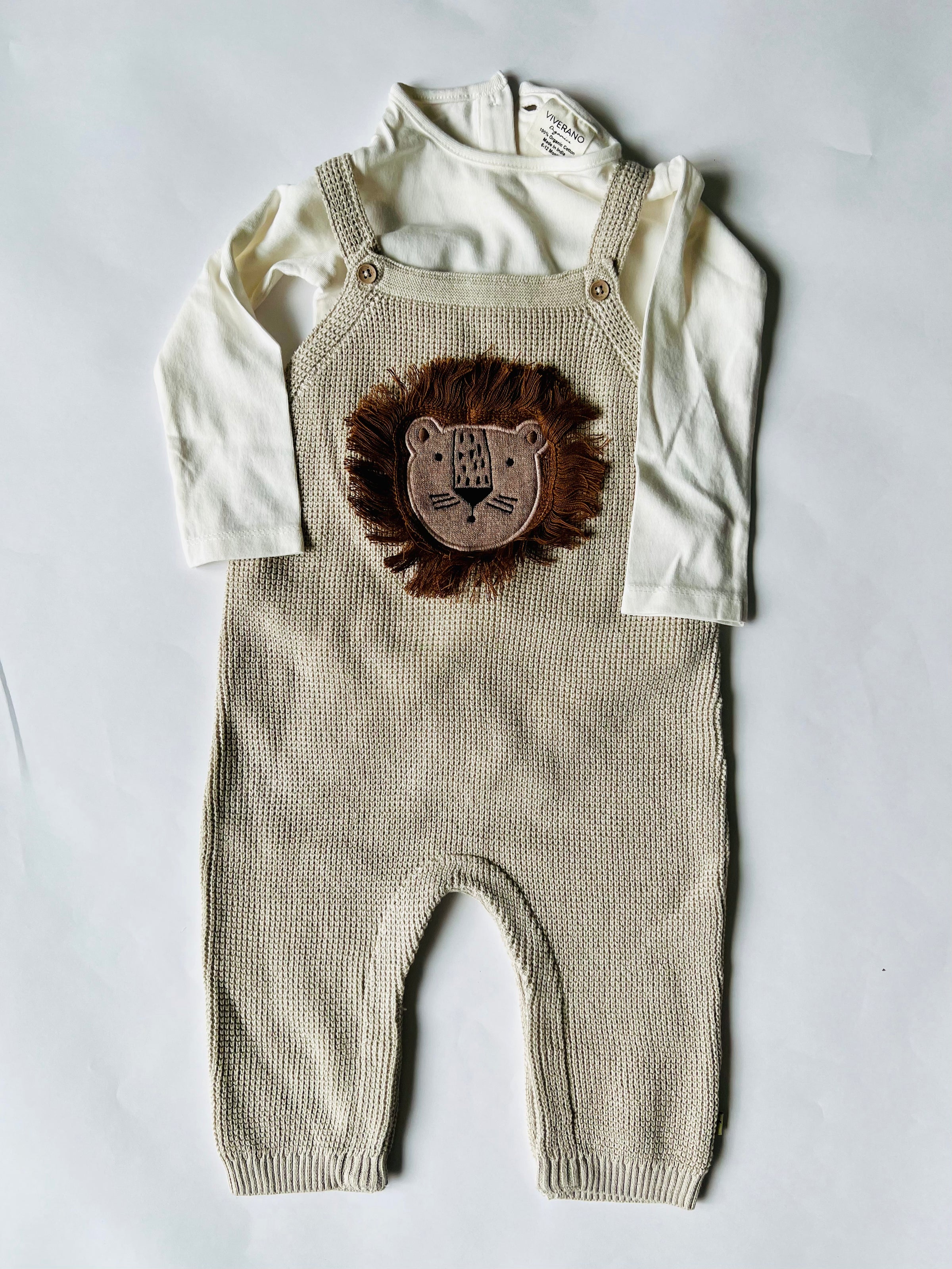 Viverano Organics Lion Applique Chunky Knit Overall Set Stone