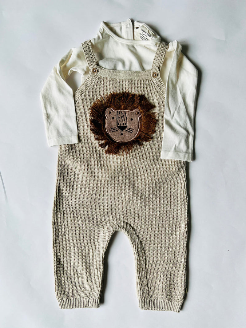 Viverano Organics Lion Applique Chunky Knit Overall Set Stone