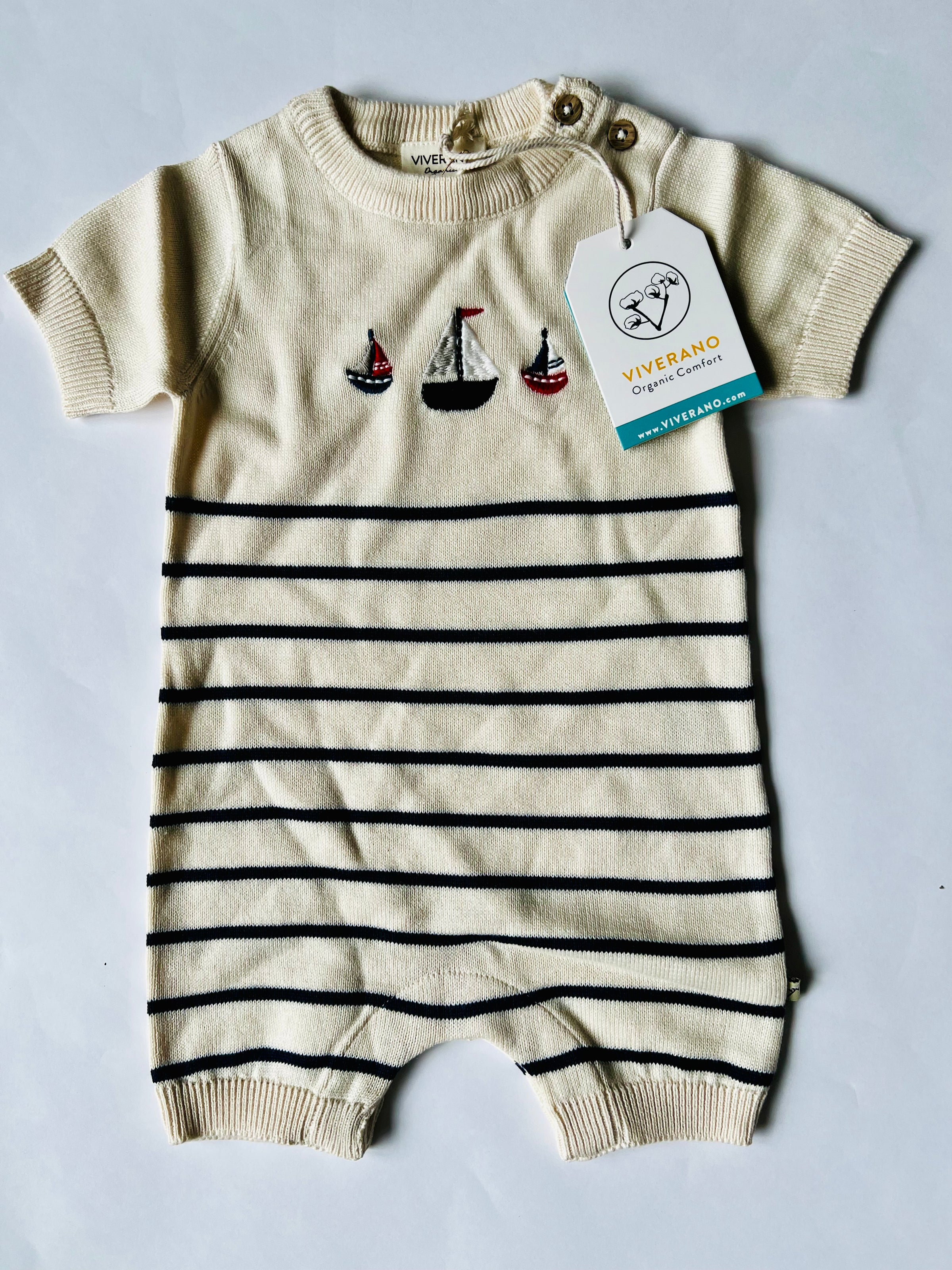 Viverano Organics Sailboat Embroidered Knit Short Baby Romper Natural