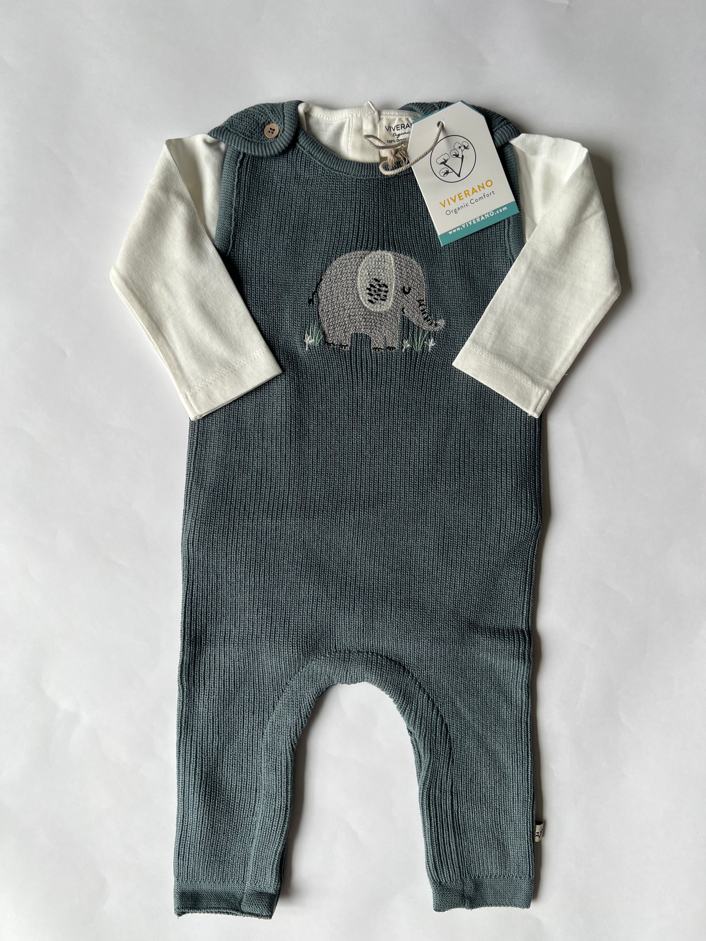 Viverano Organics Elephant Embroidered Knit Overall Set Teal Blue