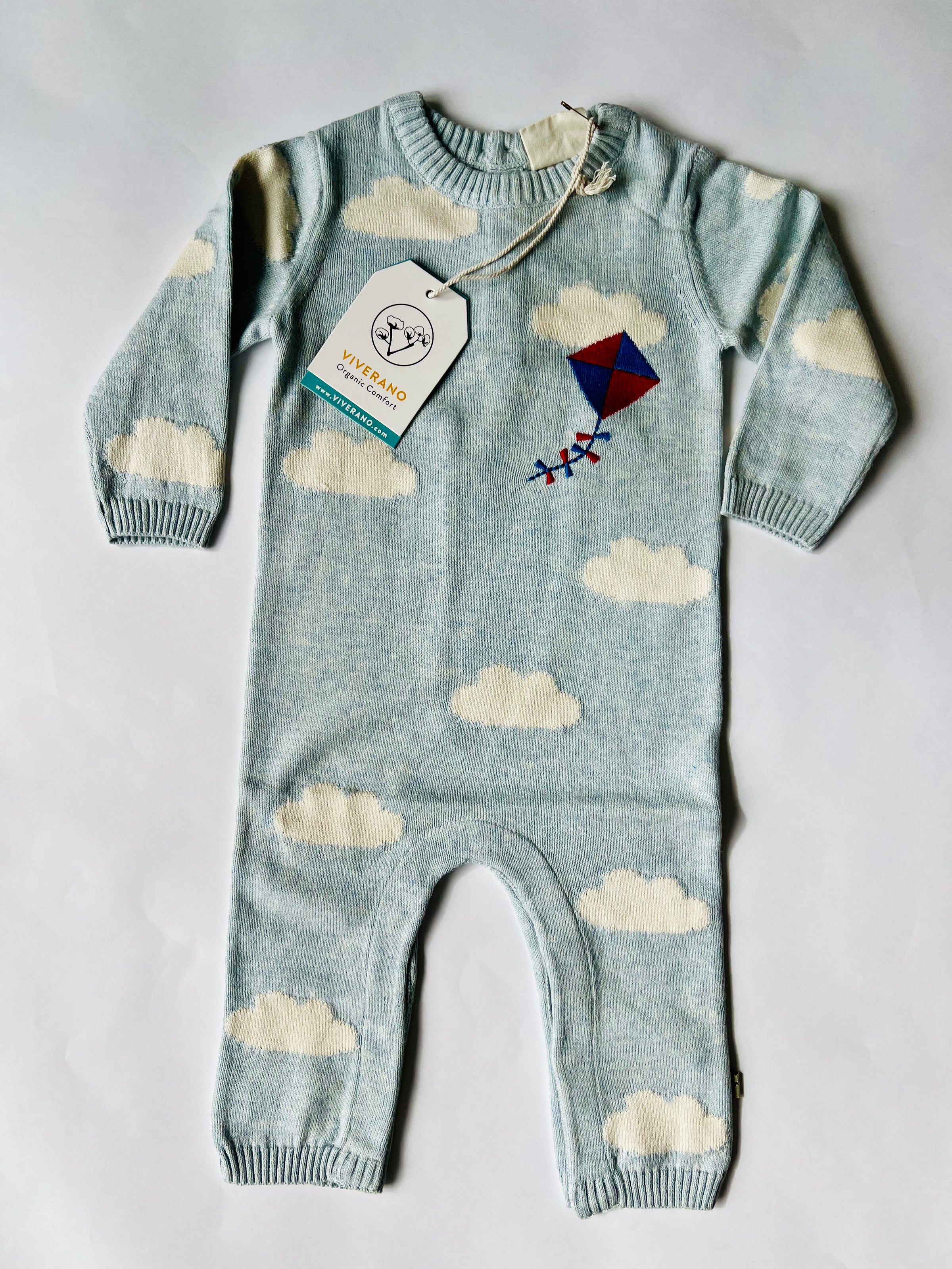 Viverano Organics Clouds & Kite Jacquard Knit Baby Jumpsuit Sky Blue Heather