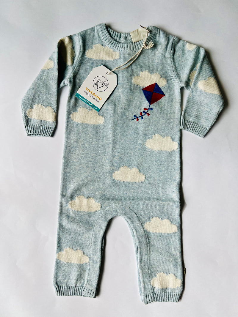 Viverano Organics Clouds & Kite Jacquard Knit Baby Jumpsuit Sky Blue Heather
