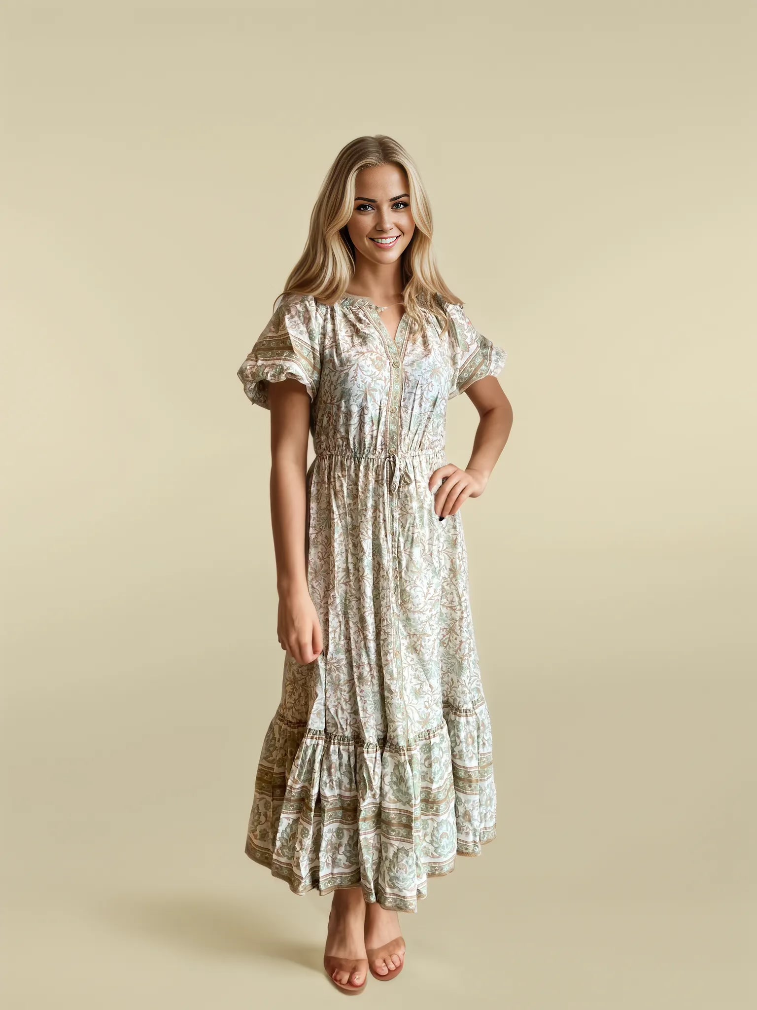 sage floral midi dress Sage Floral Tie Front Flutter Sleeve Midi Dress