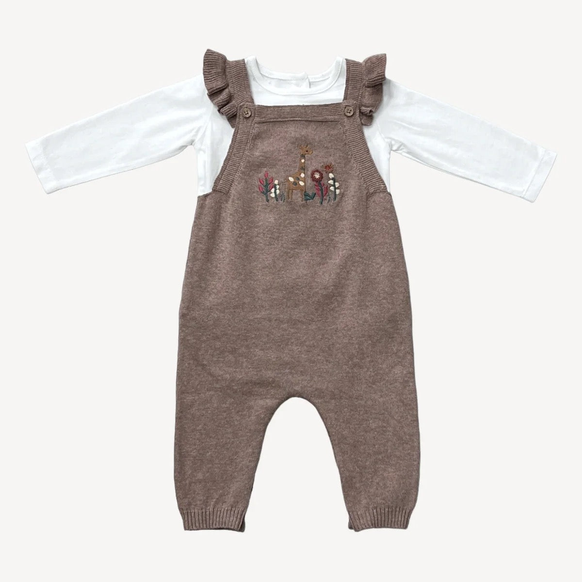 Viverano Organics Giraffe Embroidered Ruffle Overall Set