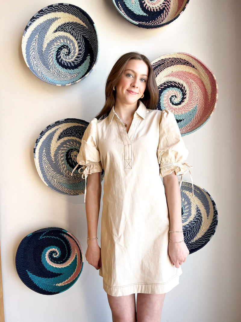 Cream Denim V-Neck Dress