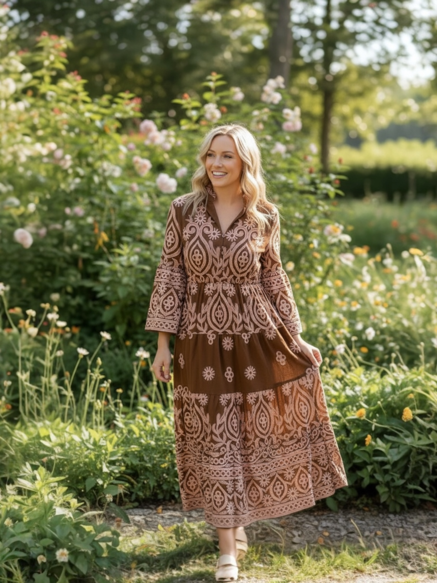 Brown & Pink Printed Maxi