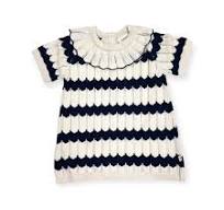 Clown Collar & Stripe Fancy Knit Baby Sweater Dress Natural/Navy Stripe